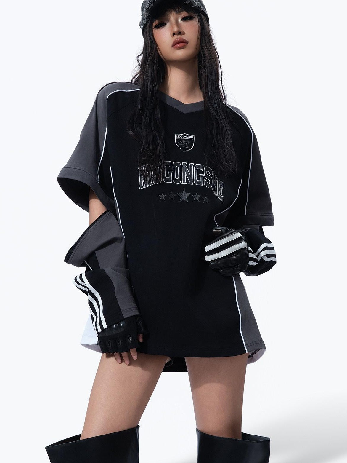 MOGONGSHE Vintage Biker Patchwork Embroidered Detachable Women's Long Sleeve T-shirts