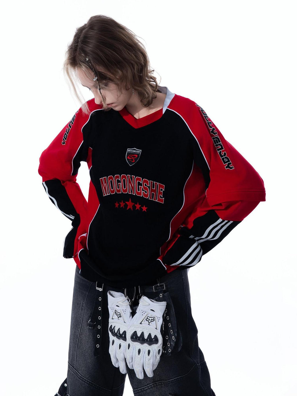 MOGONGSHE Vintage Biker Patchwork Embroidered Detachable Women's Long Sleeve T-shirts