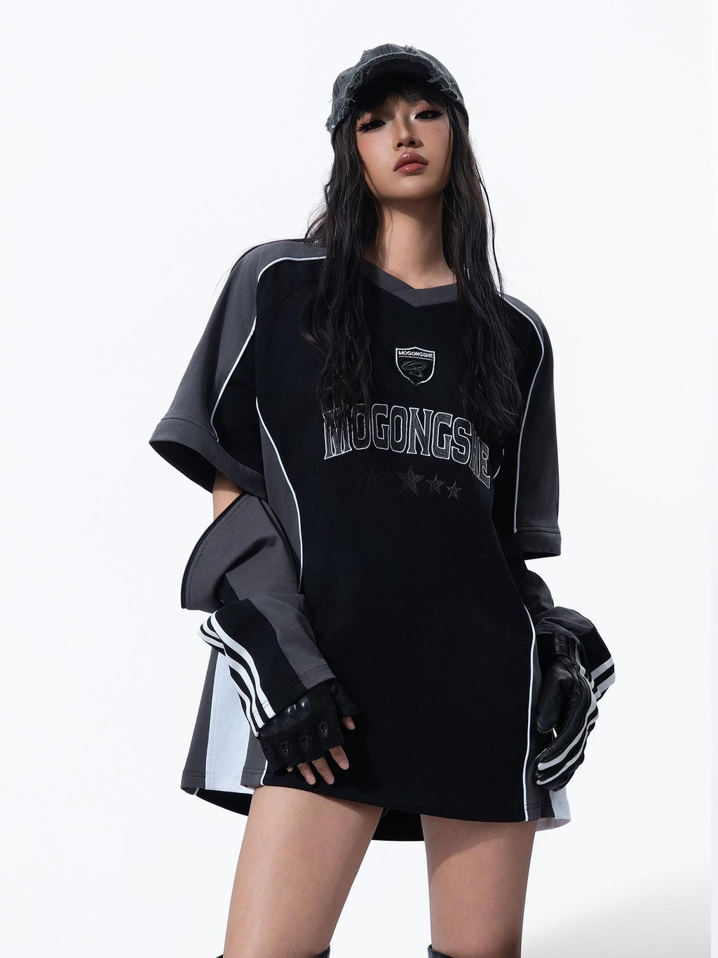 MOGONGSHE Vintage Biker Patchwork Embroidered Detachable Women's Long Sleeve T-shirts
