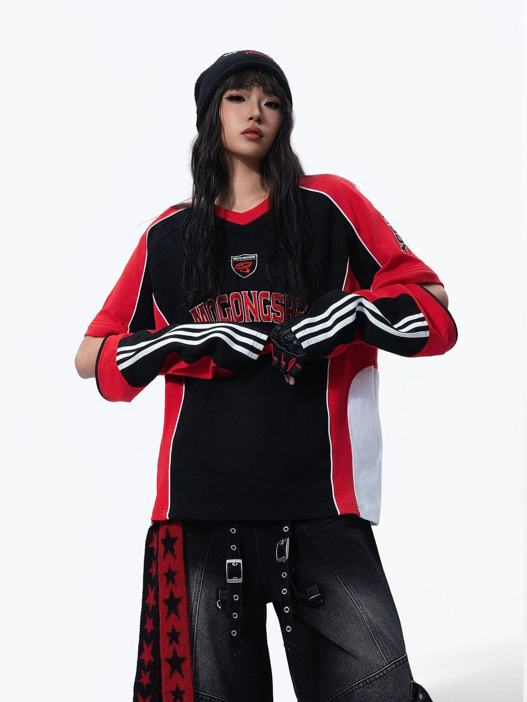 MOGONGSHE Vintage Biker Patchwork Embroidered Detachable Women's Long Sleeve T-shirts