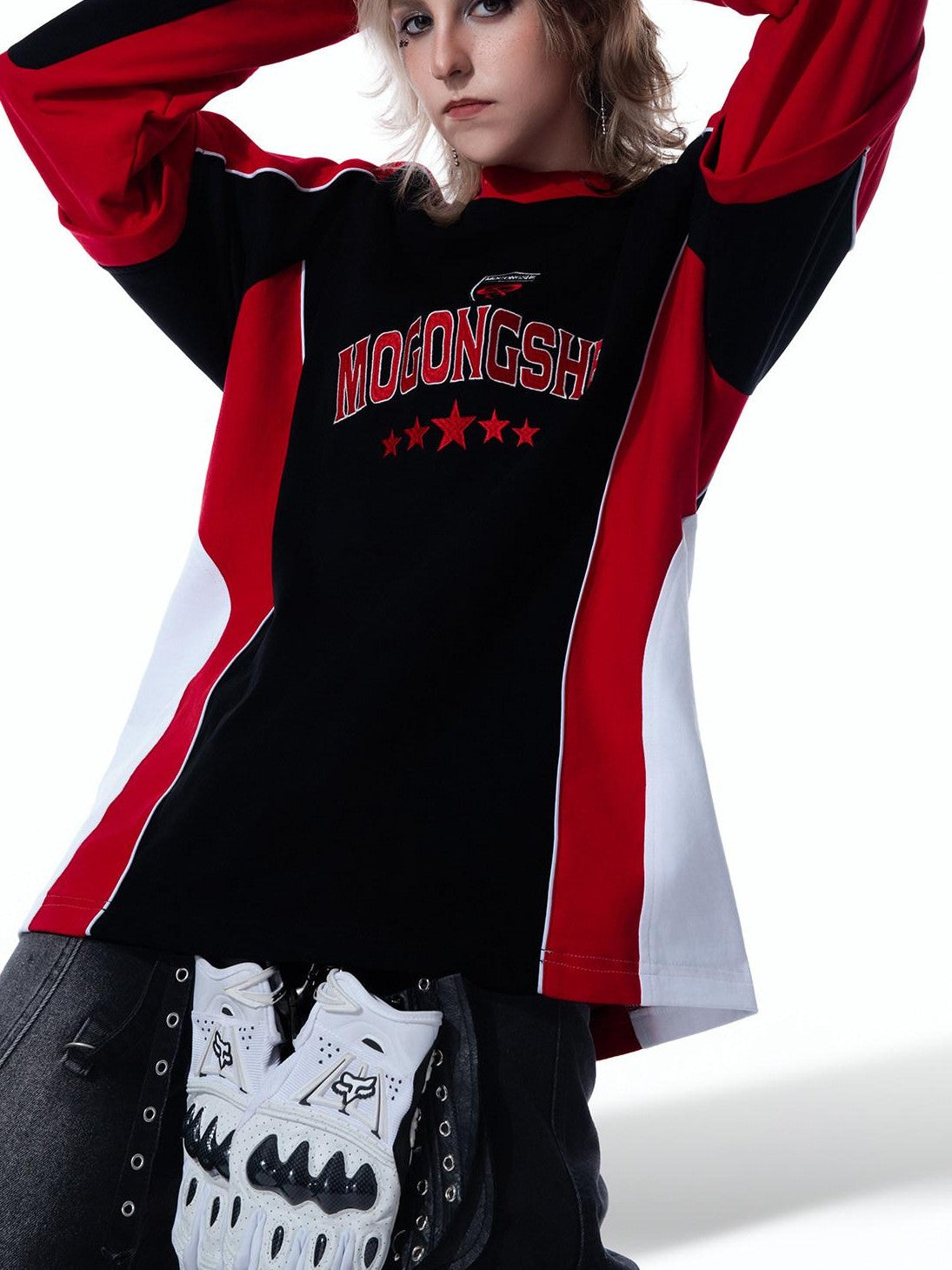 MOGONGSHE Vintage Biker Patchwork Embroidered Detachable Women's Long Sleeve T-shirts