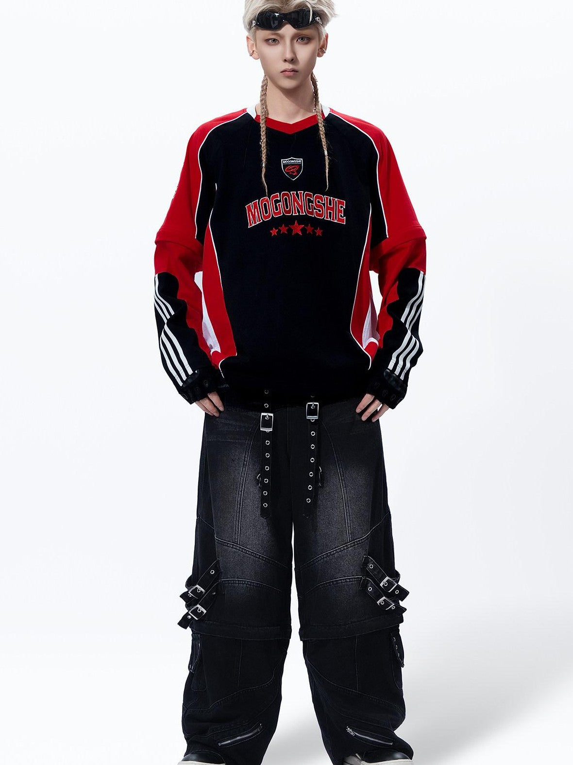 MOGONGSHE Vintage Biker Patchwork Embroidered Detachable Women's Long Sleeve T-shirts
