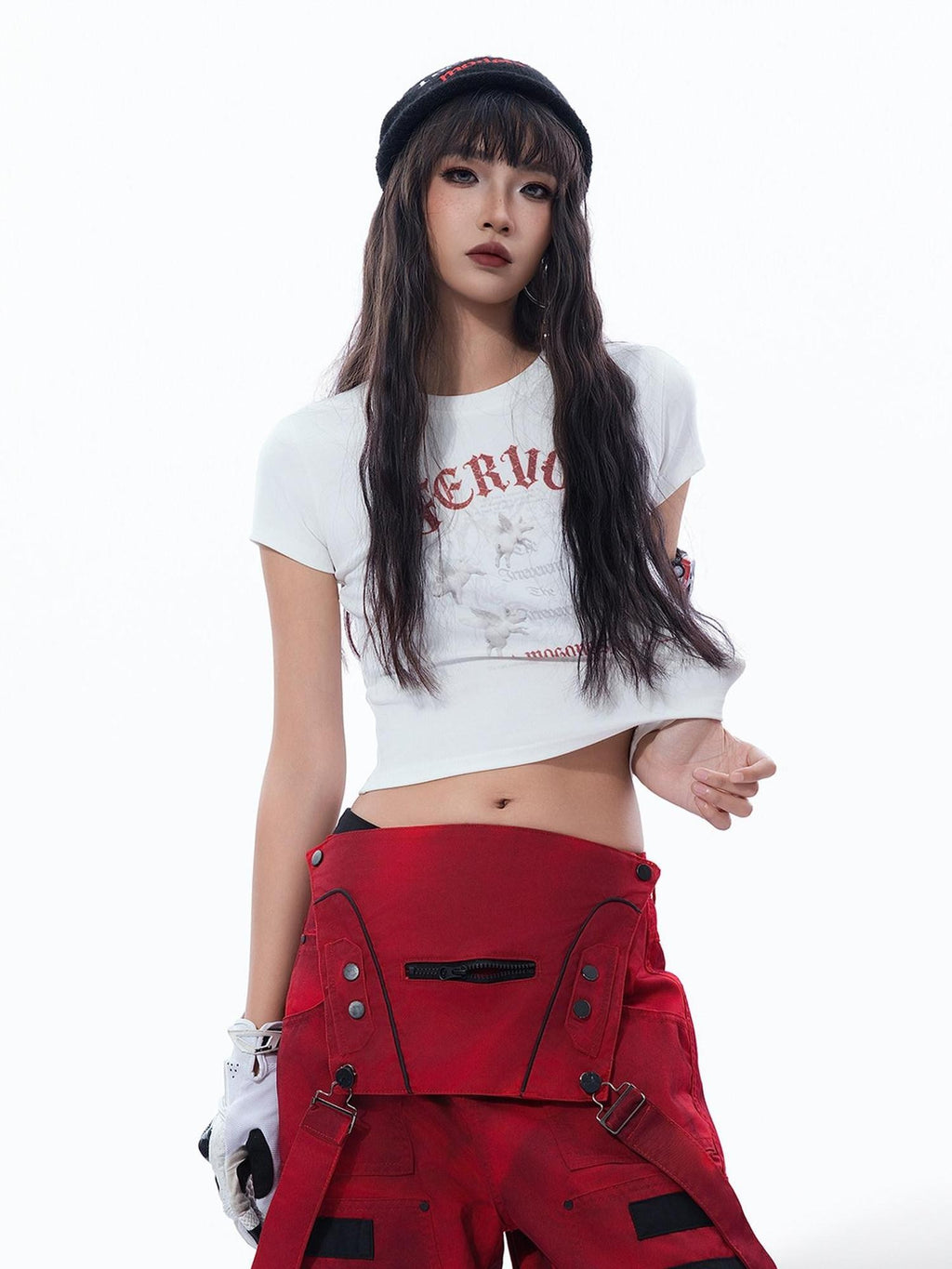 MOGONGSHE Vintage Distressed Angel Pig Print Slim Fit Sweet Edgy Women's Crop Tops