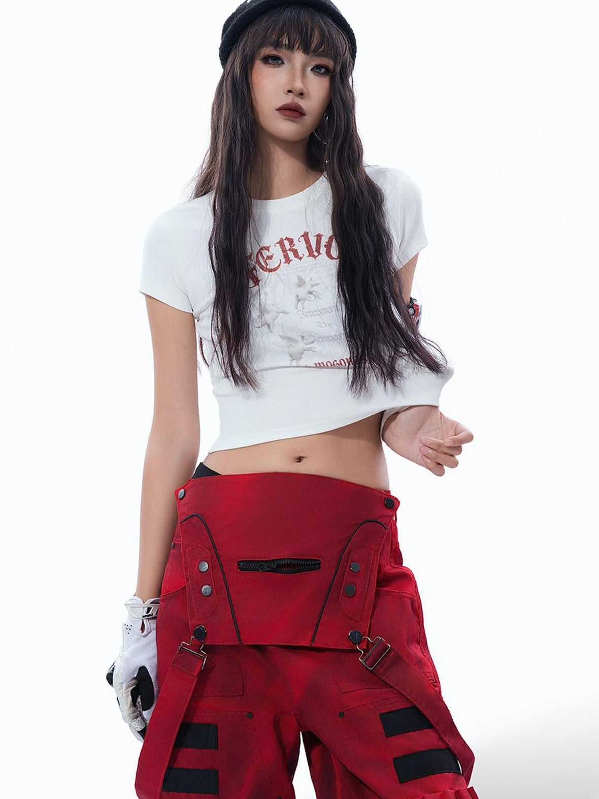 MOGONGSHE Vintage Distressed Angel Pig Print Slim Fit Sweet Edgy Women's Crop Tops
