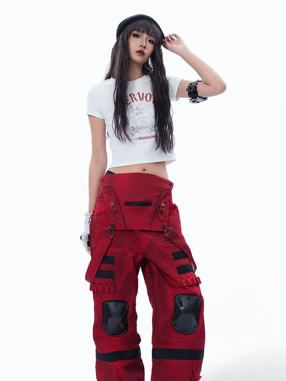 MOGONGSHE Vintage Distressed Angel Pig Print Slim Fit Sweet Edgy Women's Crop Tops