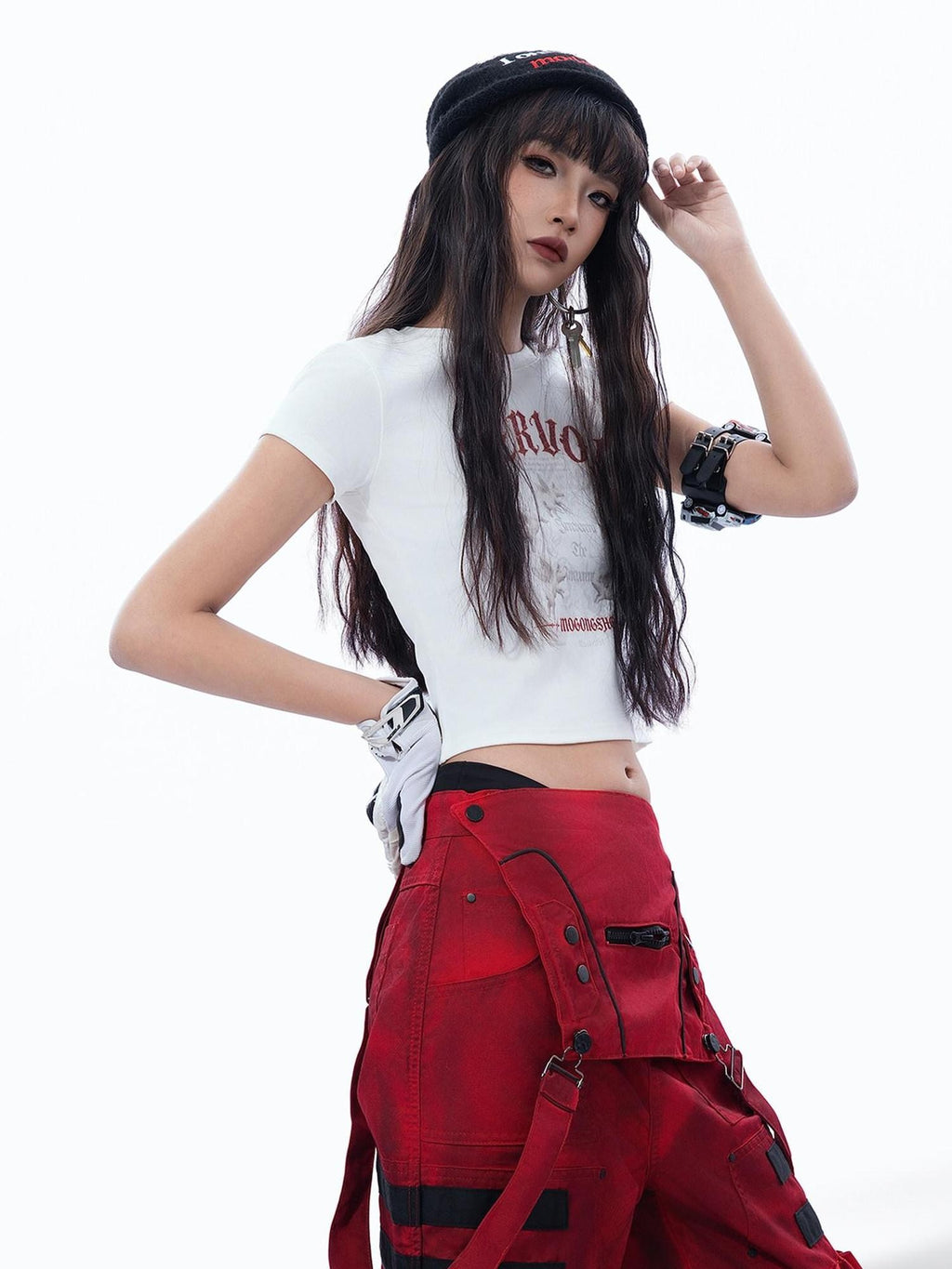 MOGONGSHE Vintage Distressed Angel Pig Print Slim Fit Sweet Edgy Women's Crop Tops