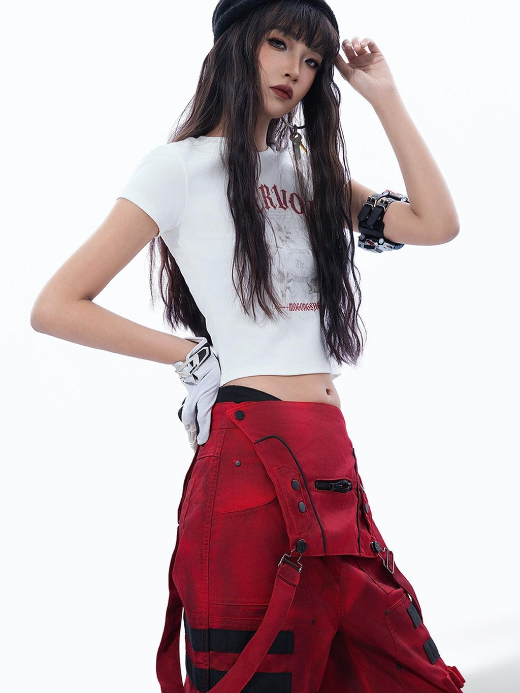 MOGONGSHE Vintage Distressed Angel Pig Print Slim Fit Sweet Edgy Women's Crop Tops