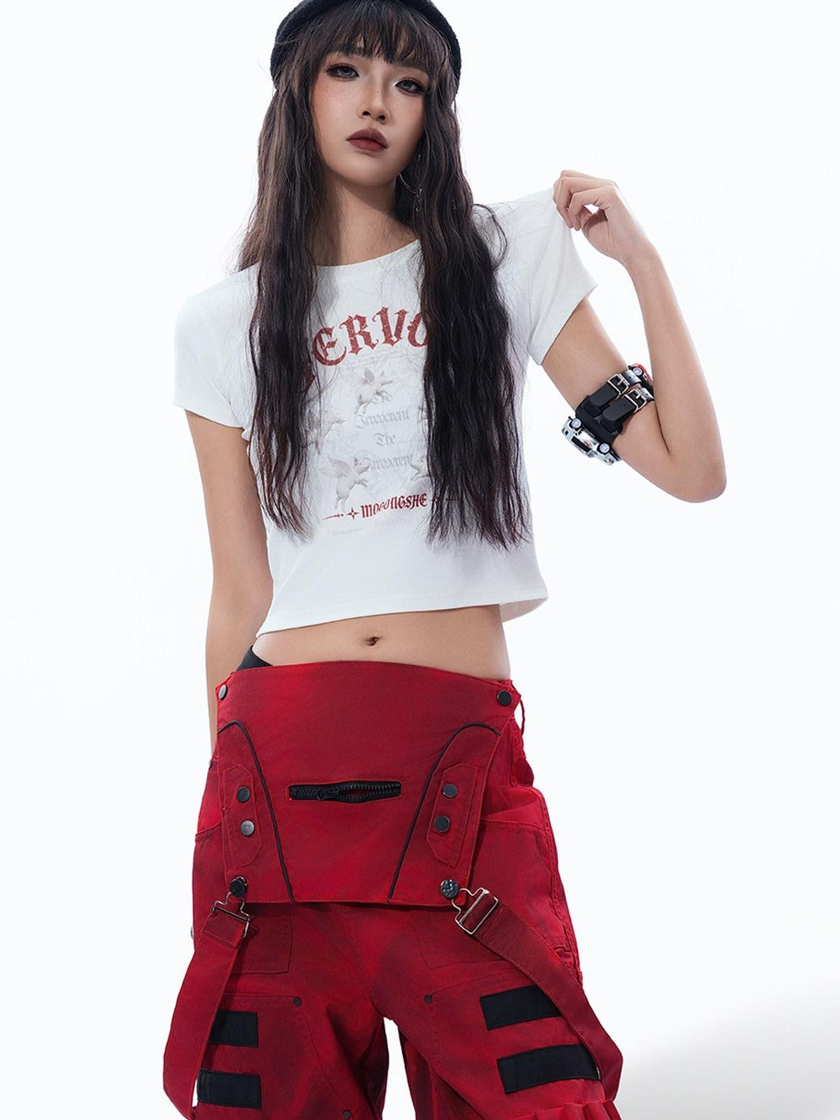 MOGONGSHE Vintage Distressed Angel Pig Print Slim Fit Sweet Edgy Women's Crop Tops