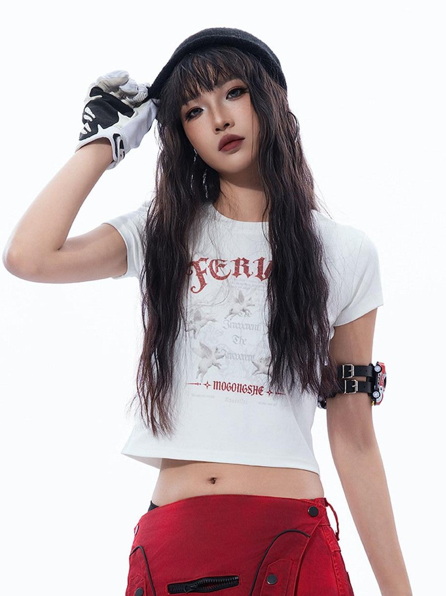 MOGONGSHE Vintage Distressed Angel Pig Print Slim Fit Sweet Edgy Women's Crop Tops