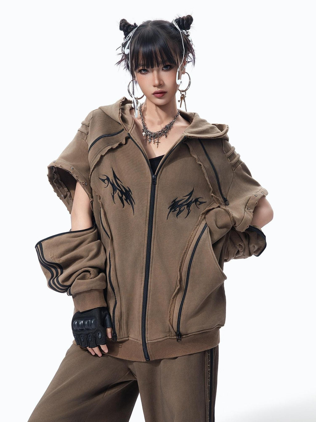 MOGONGSHE Vintage Distressed Detachable Sleeves Women's Two Piece Vest Zip-up Hoodies