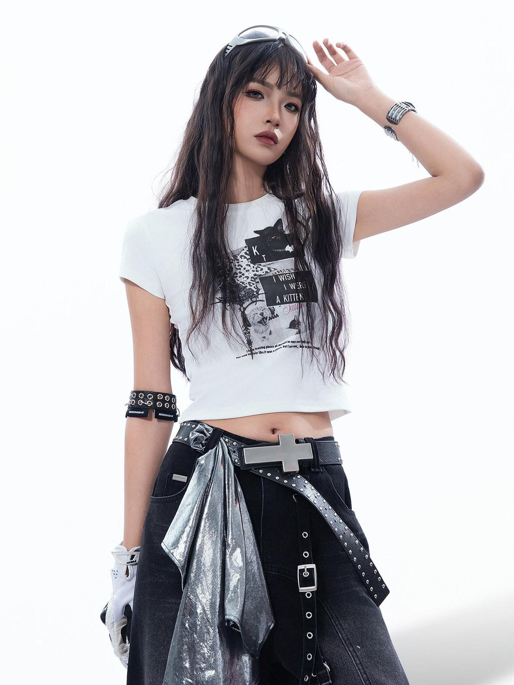 MOGONGSHE Vintage Patchwork Black Cat Bat Y2k Leopard Print Short Sleeve Women's Crop Tops
