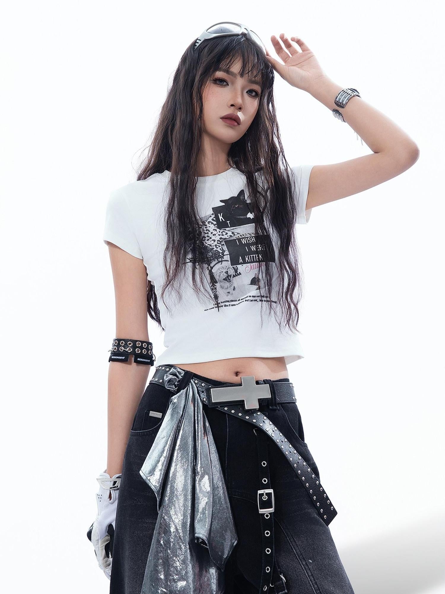 MOGONGSHE Vintage Patchwork Black Cat Bat Y2k Leopard Print Short Sleeve Women's Crop Tops