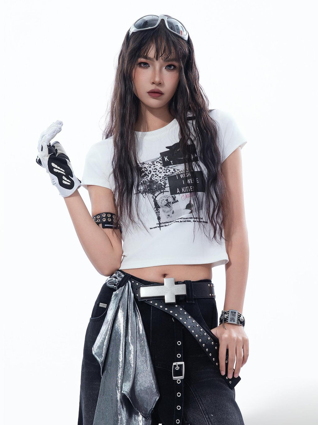 MOGONGSHE Vintage Patchwork Black Cat Bat Y2k Leopard Print Short Sleeve Women's Crop Tops