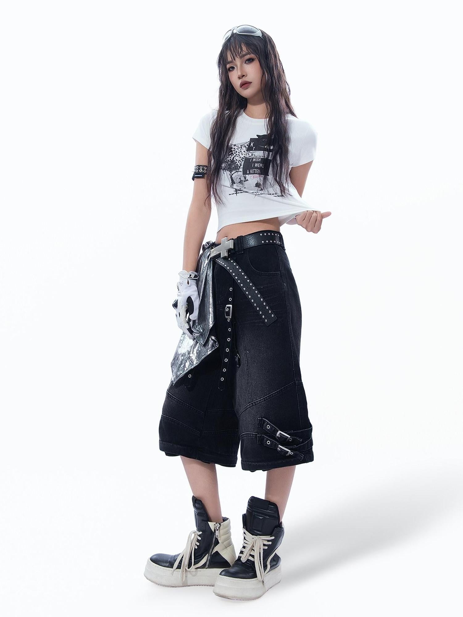 MOGONGSHE Vintage Patchwork Black Cat Bat Y2k Leopard Print Short Sleeve Women's Crop Tops