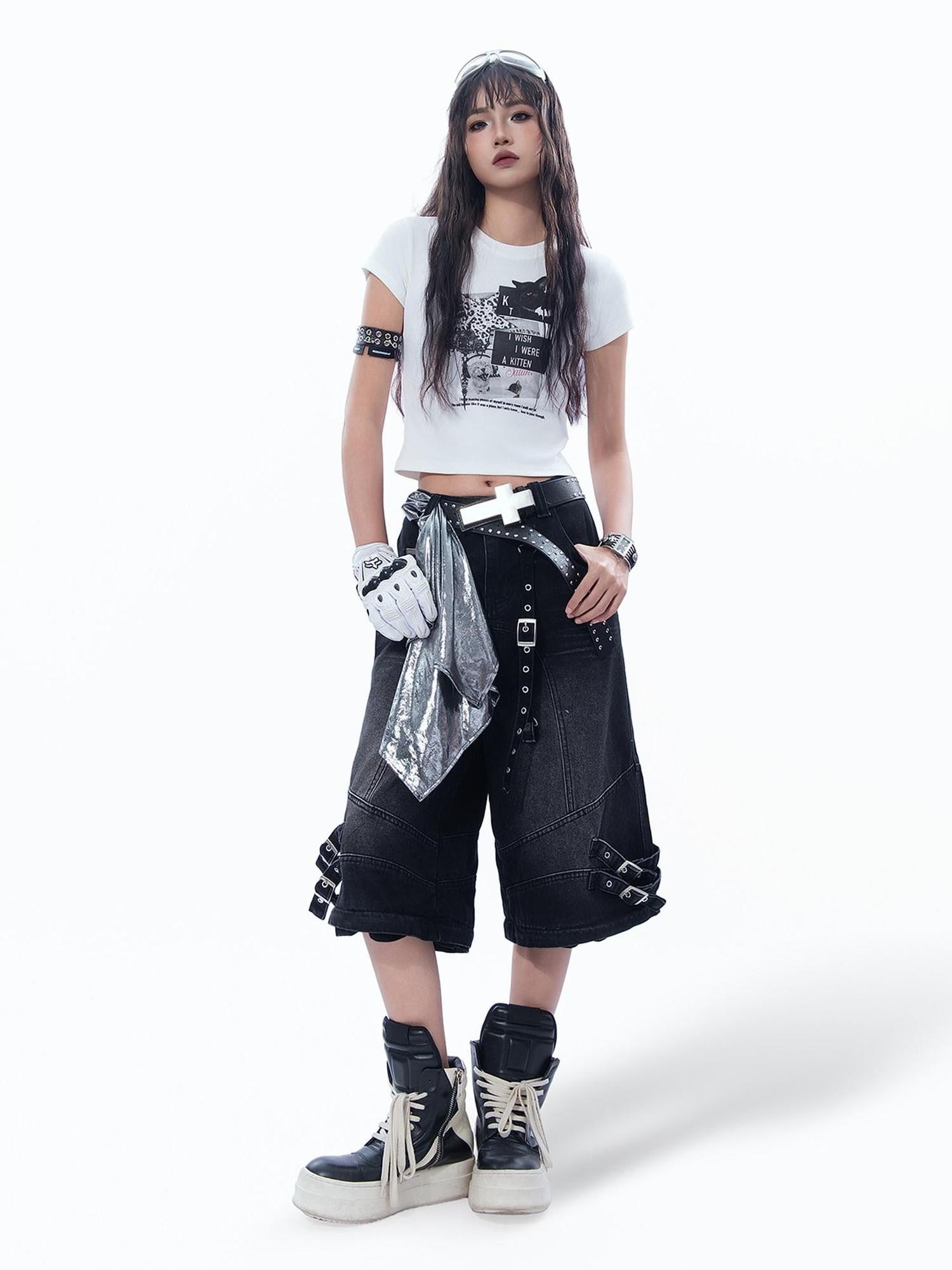 MOGONGSHE Vintage Patchwork Black Cat Bat Y2k Leopard Print Short Sleeve Women's Crop Tops