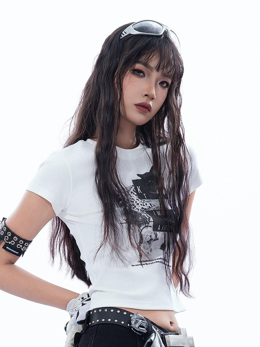 MOGONGSHE Vintage Patchwork Black Cat Bat Y2k Leopard Print Short Sleeve Women's Crop Tops