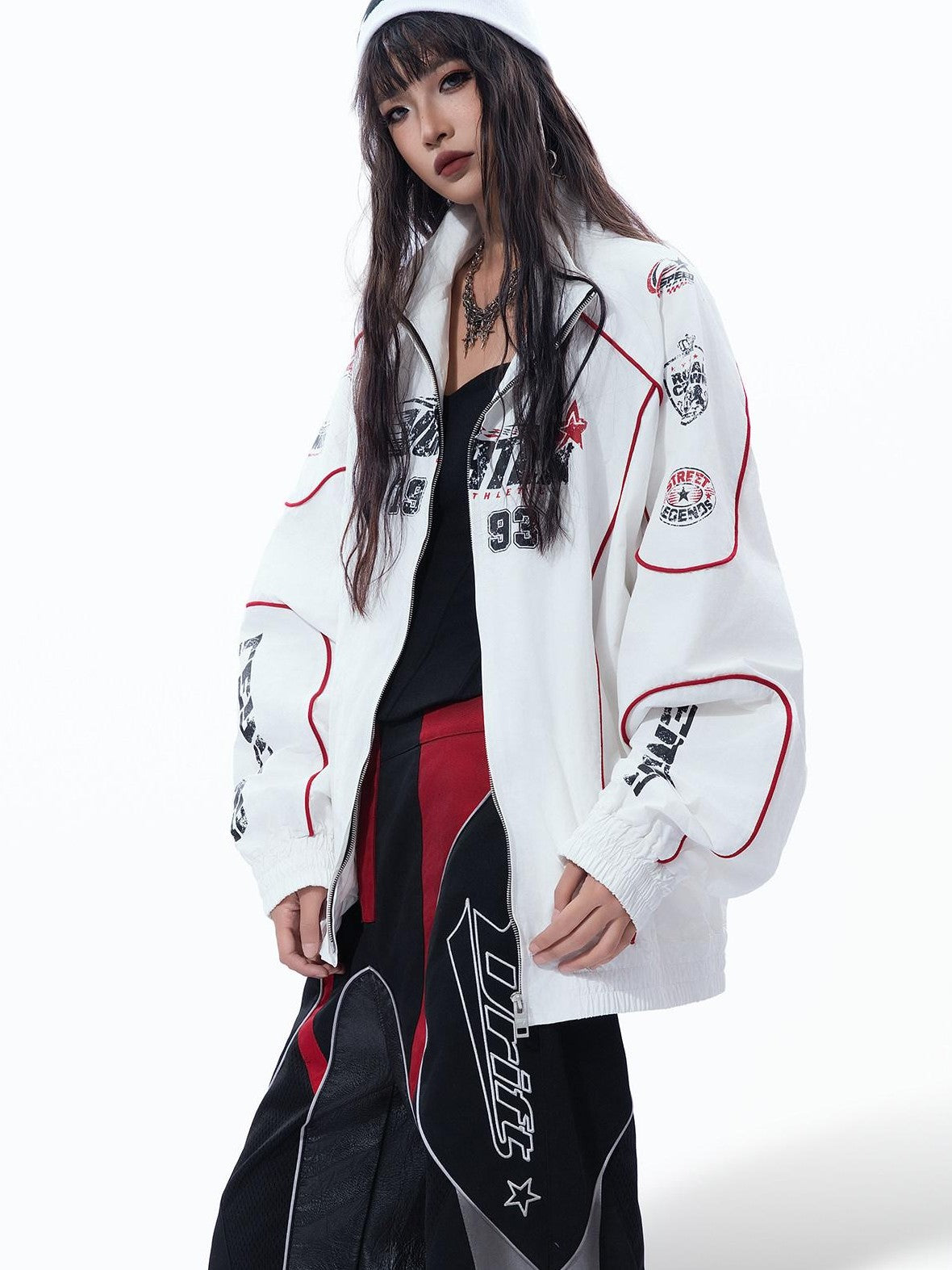 MOGONGSHE Vintage Racing Distressed Badge Print Patchwork Women's Lightweight Moto Jackets