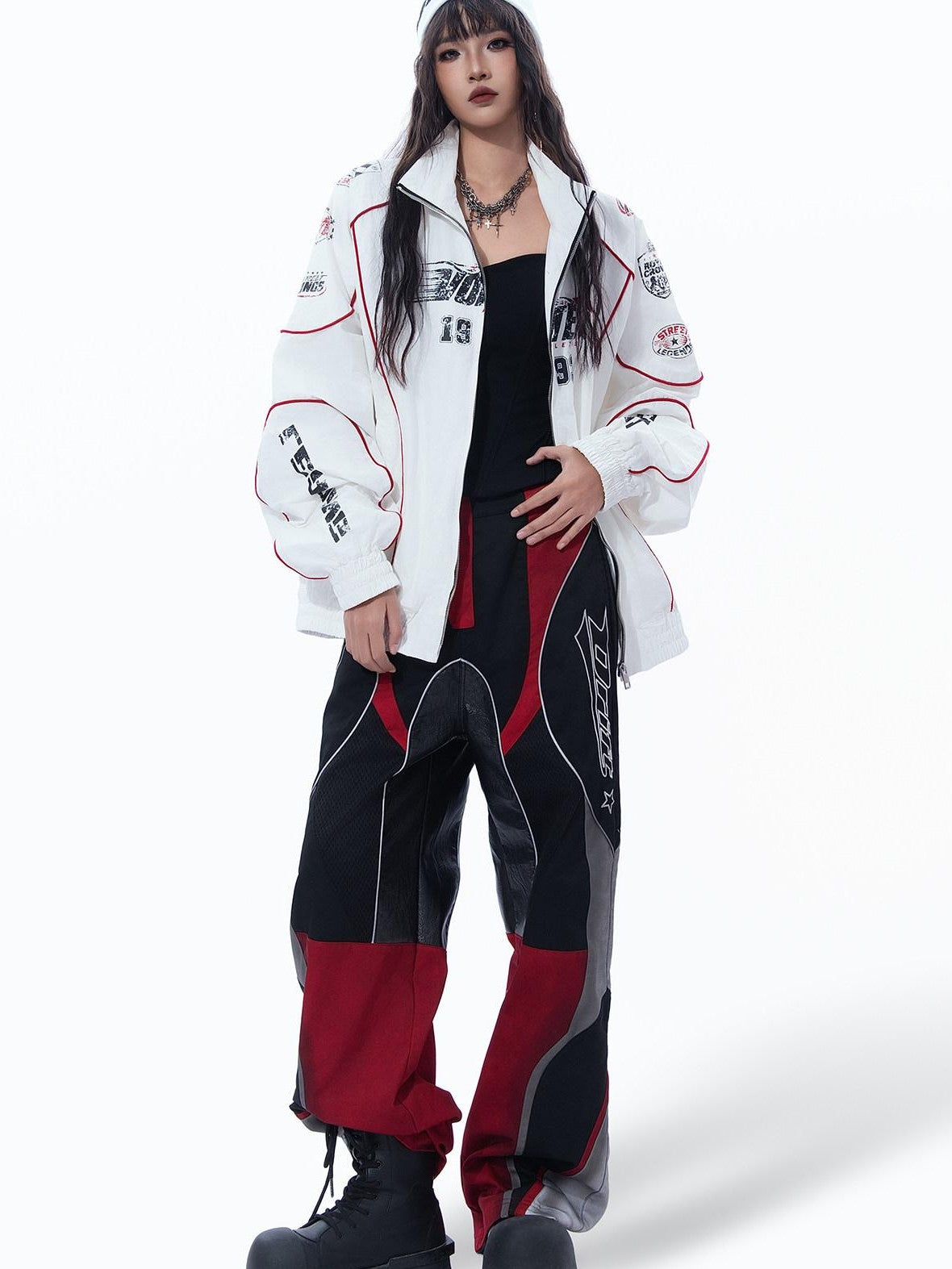 MOGONGSHE Vintage Racing Distressed Badge Print Patchwork Women's Lightweight Moto Jackets