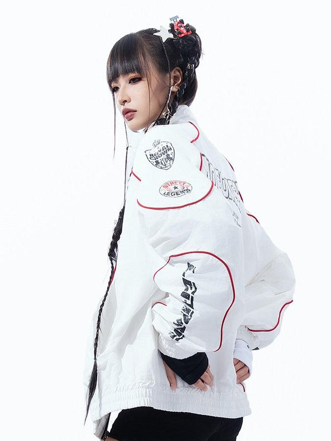 MOGONGSHE Vintage Racing Distressed Badge Print Patchwork Women's Lightweight Moto Jackets