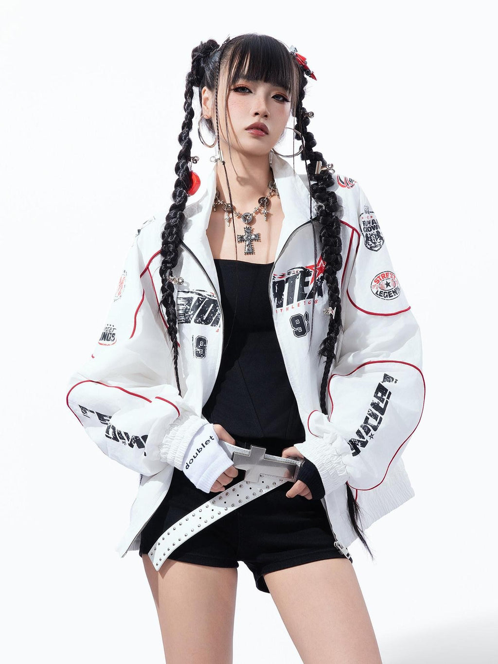 MOGONGSHE Vintage Racing Distressed Badge Print Patchwork Women's Lightweight Moto Jackets