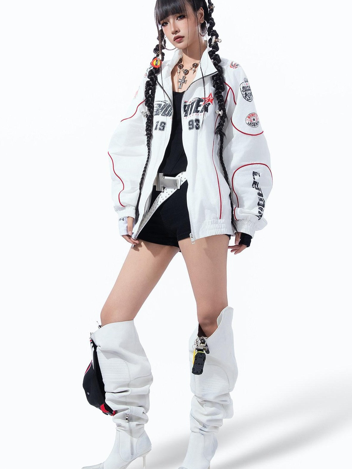MOGONGSHE Vintage Racing Distressed Badge Print Patchwork Women's Lightweight Moto Jackets