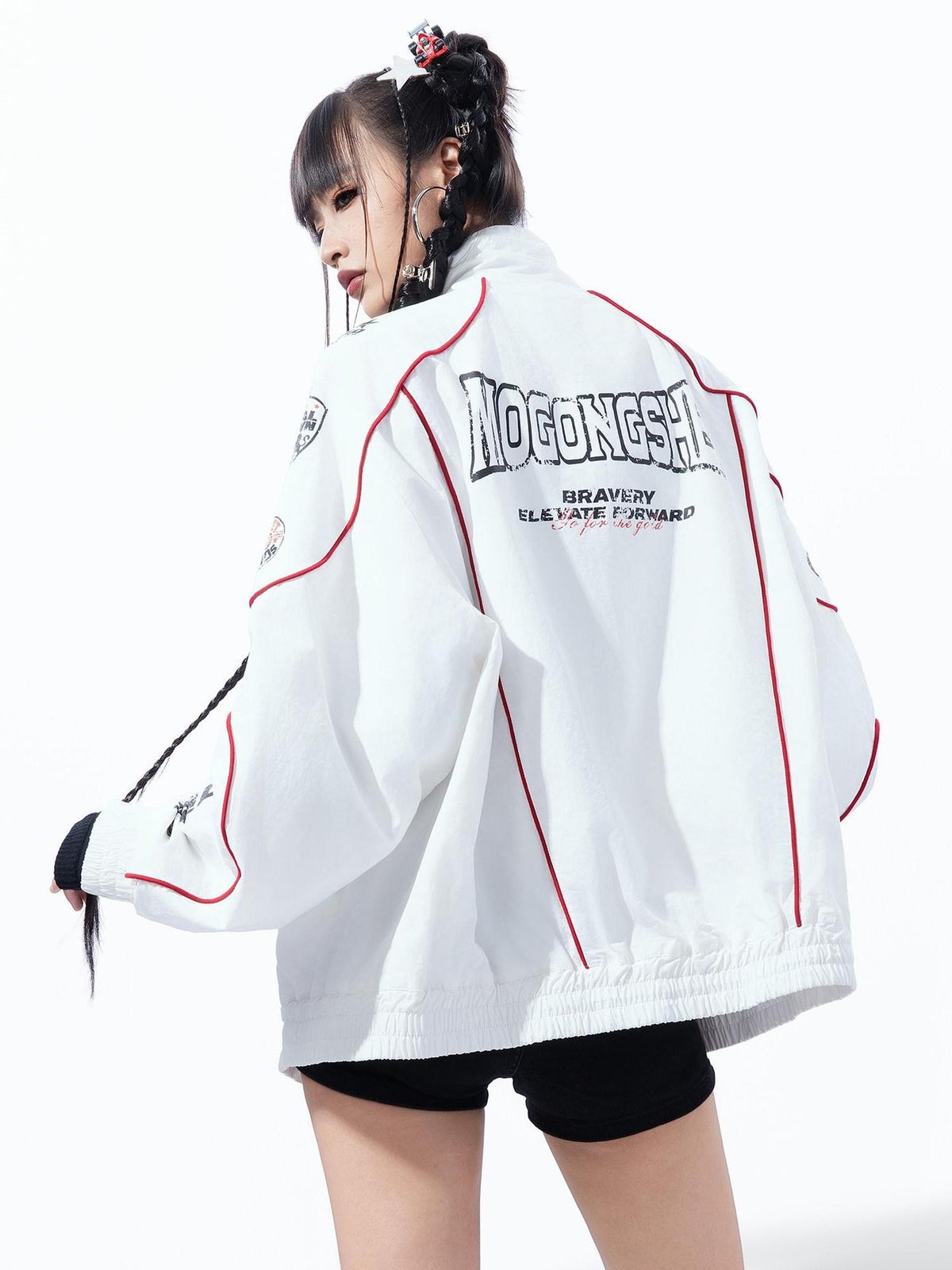 MOGONGSHE Vintage Racing Distressed Badge Print Patchwork Women's Lightweight Moto Jackets