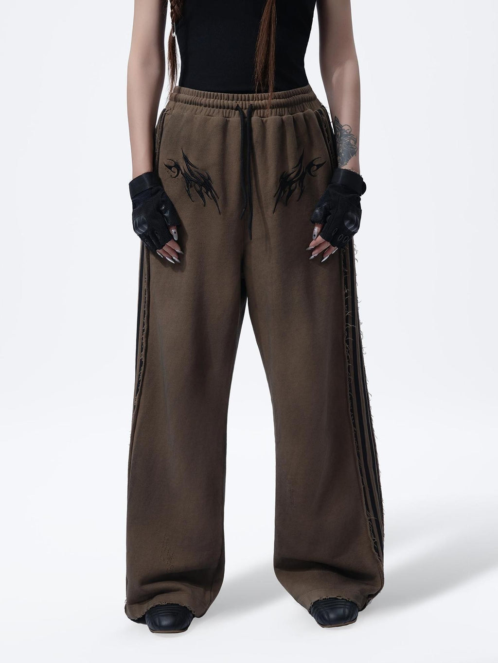 MOGONGSHE Vintage Striped Embroidered Spliced Straight Leg Women's Cotton Sweatpants