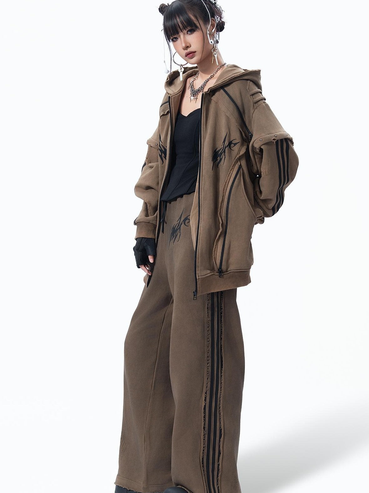 MOGONGSHE Vintage Striped Embroidered Spliced Straight Leg Women's Cotton Sweatpants