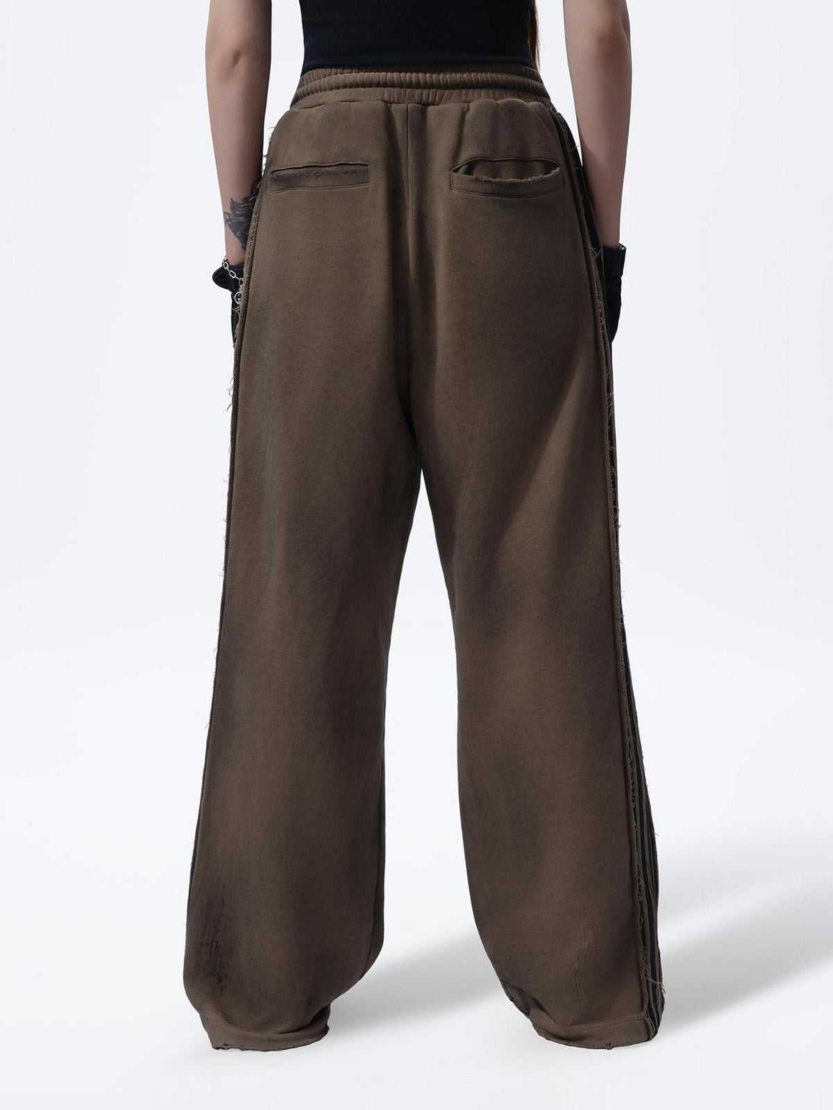 MOGONGSHE Vintage Striped Embroidered Spliced Straight Leg Women's Cotton Sweatpants