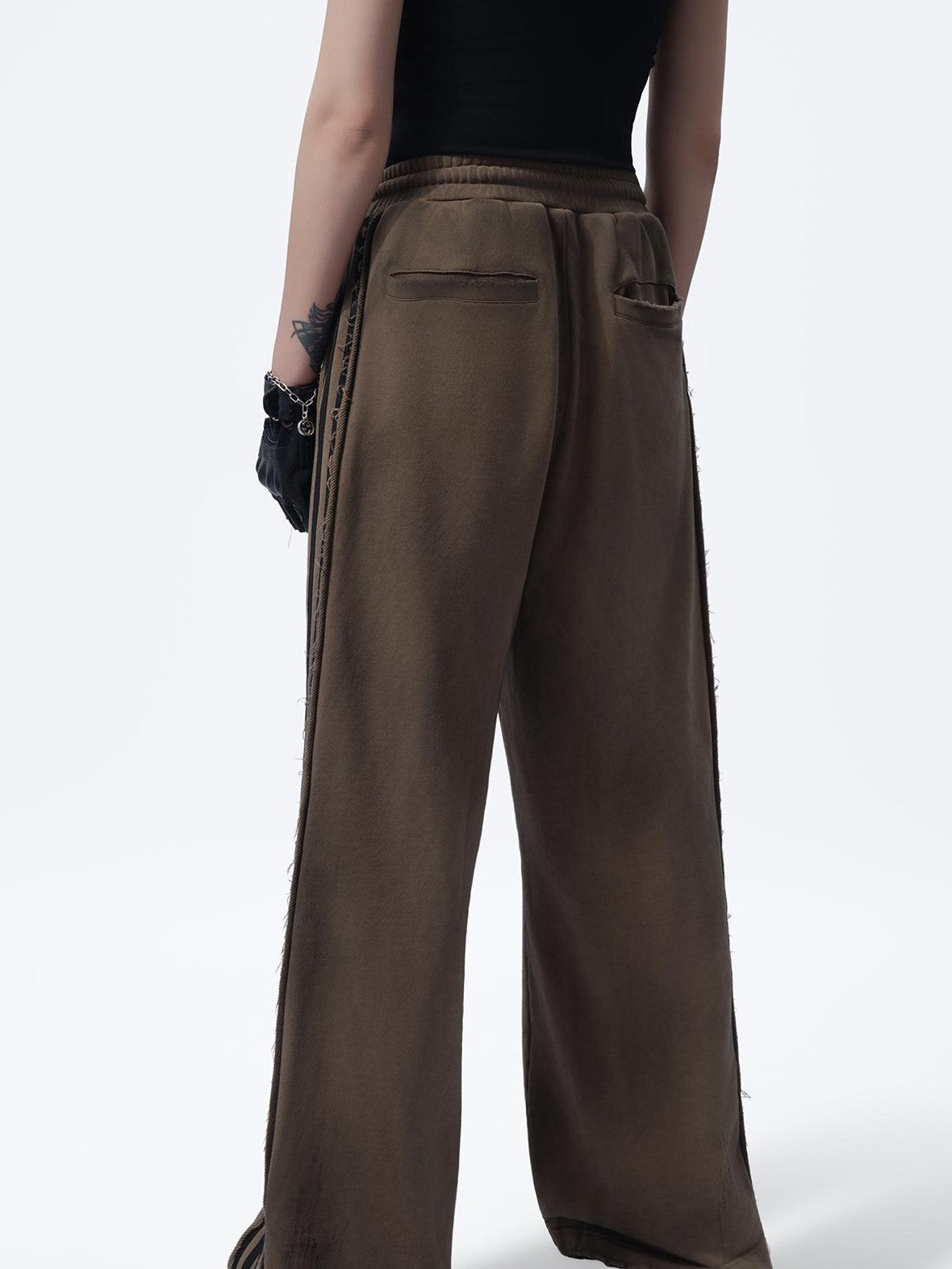 MOGONGSHE Vintage Striped Embroidered Spliced Straight Leg Women's Cotton Sweatpants