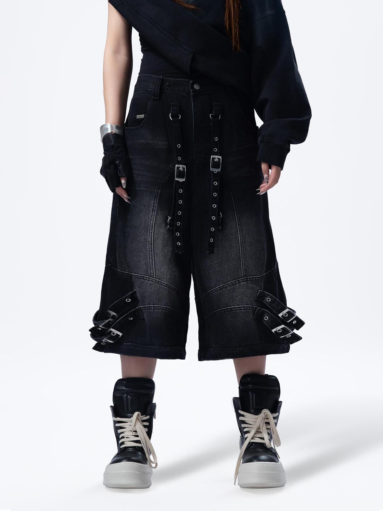 MOGONGSHE Vintage Washed Distressed Detachable Ribbon Women's Denim Cargo Pants