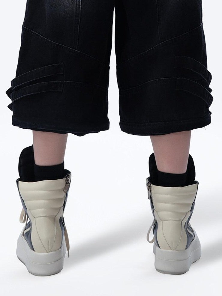 MOGONGSHE Vintage Washed Distressed Detachable Ribbon Women's Denim Cargo Pants