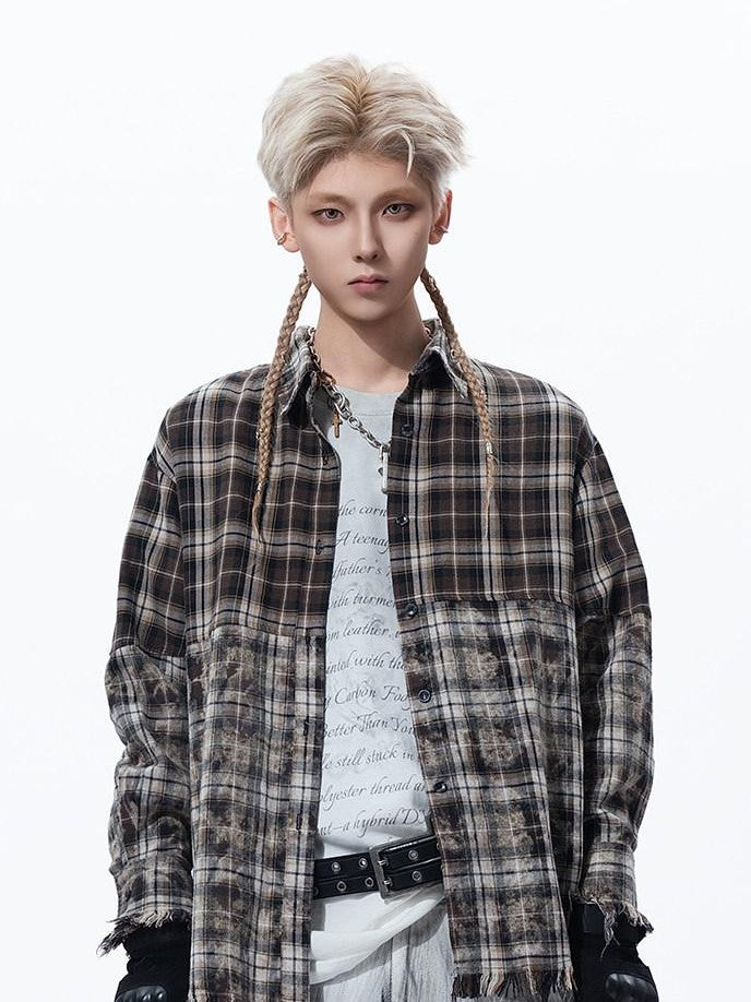 MOGONGSHE Washed Distressed Vintage Plaid Women's Oversized Long Sleeve Shirts