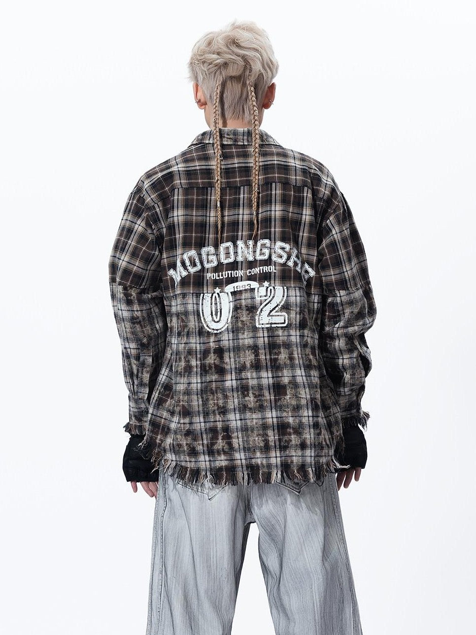 MOGONGSHE Washed Distressed Vintage Plaid Women's Oversized Long Sleeve Shirts