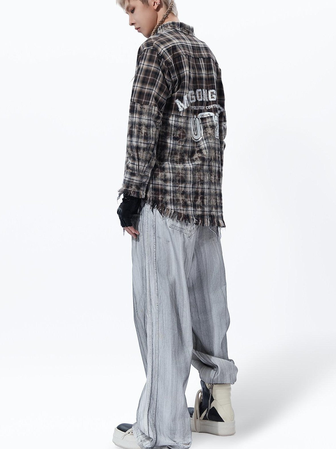 MOGONGSHE Washed Distressed Vintage Plaid Women's Oversized Long Sleeve Shirts