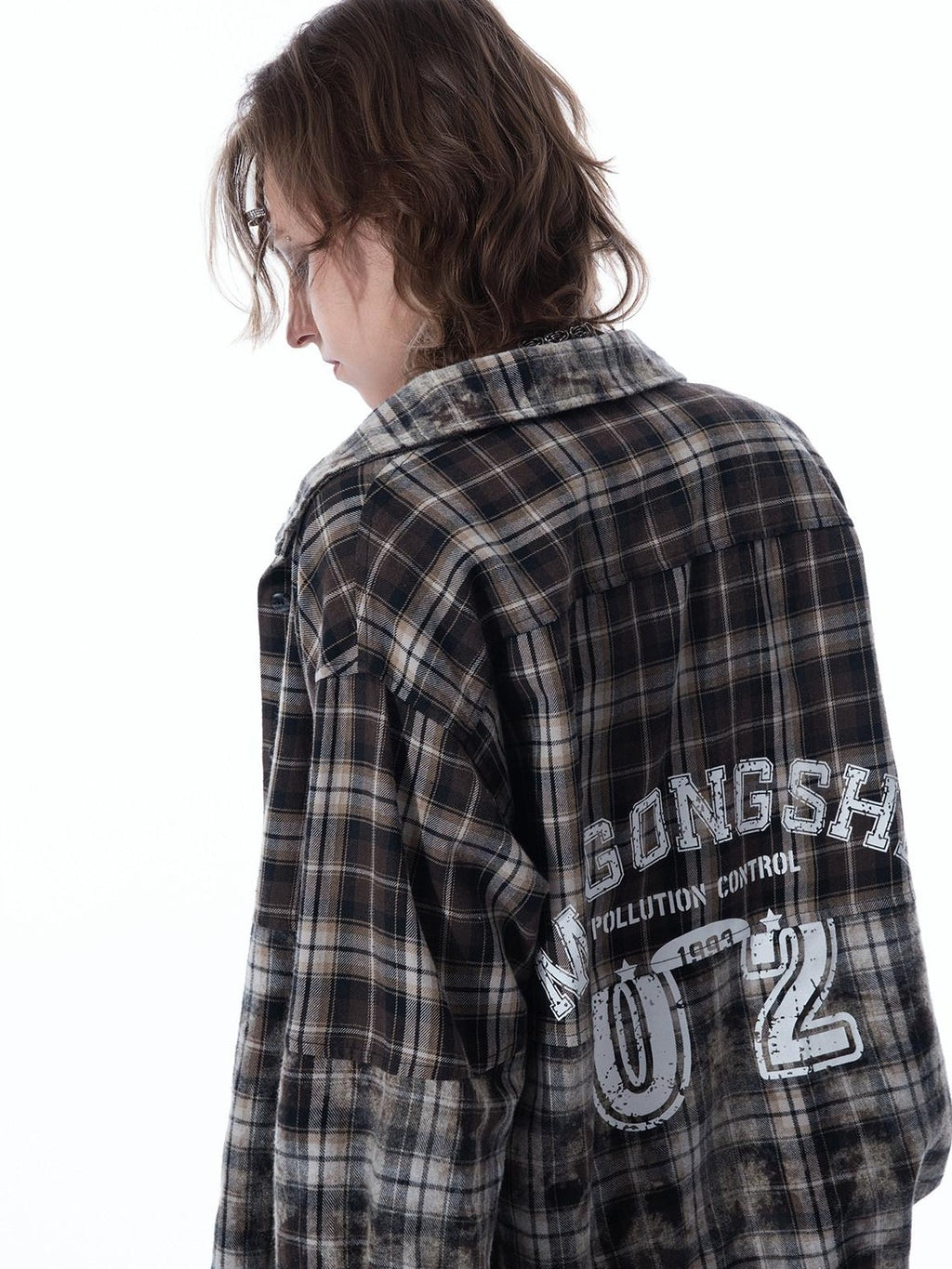 MOGONGSHE Washed Distressed Vintage Plaid Women's Oversized Long Sleeve Shirts
