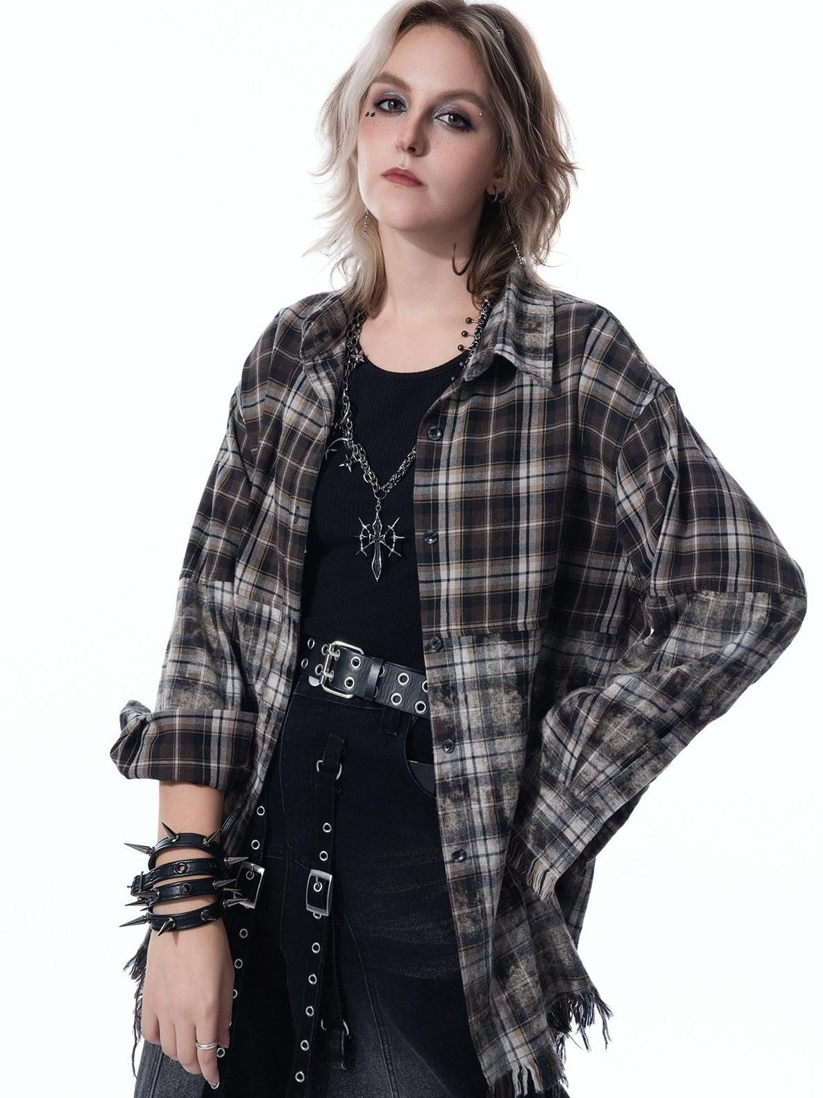 MOGONGSHE Washed Distressed Vintage Plaid Women's Oversized Long Sleeve Shirts