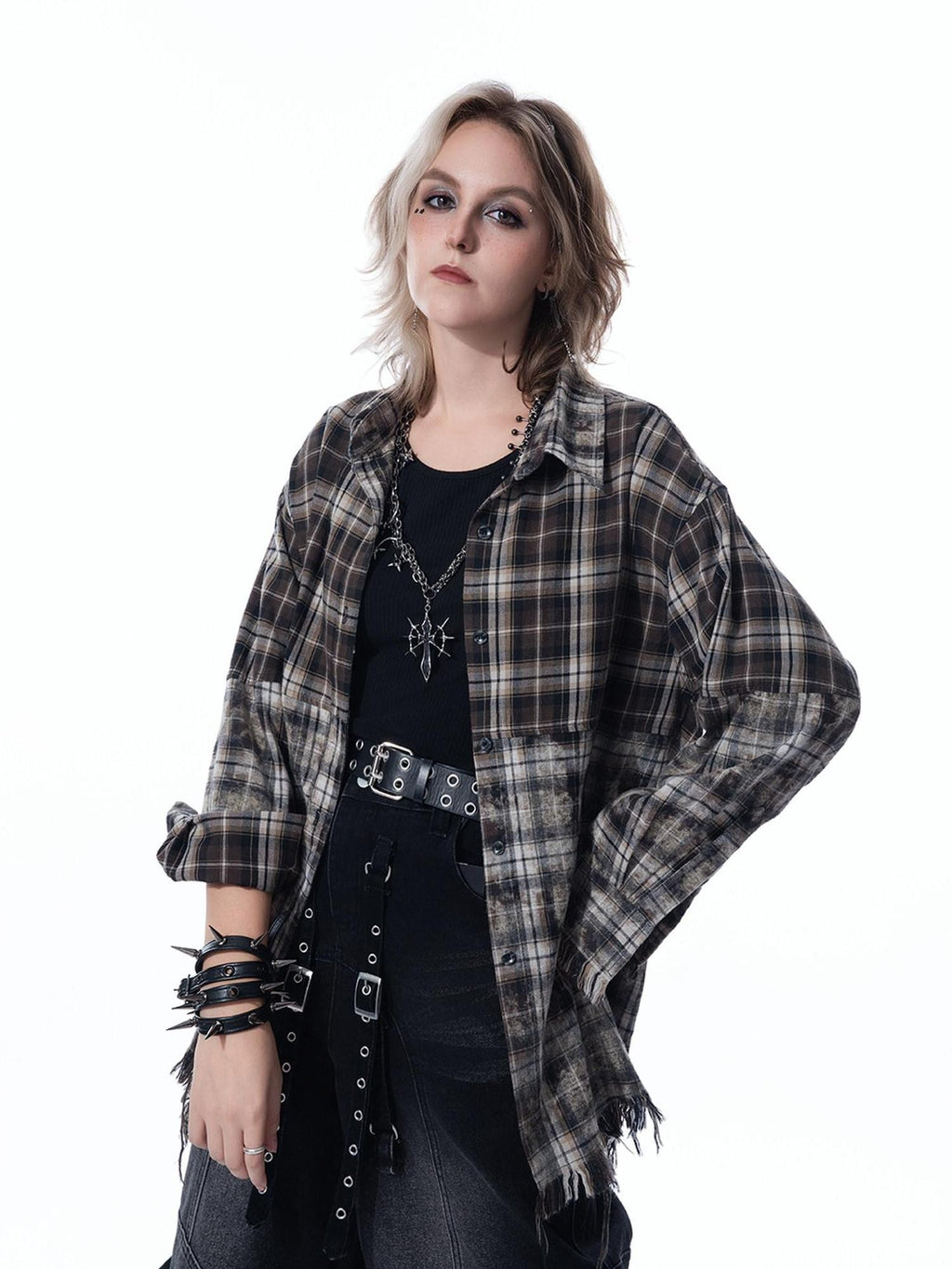 MOGONGSHE Washed Distressed Vintage Plaid Women's Oversized Long Sleeve Shirts