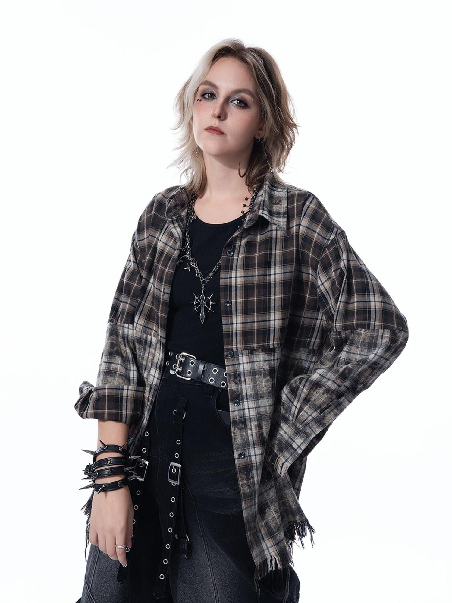 MOGONGSHE Washed Distressed Vintage Plaid Women's Oversized Long Sleeve Shirts
