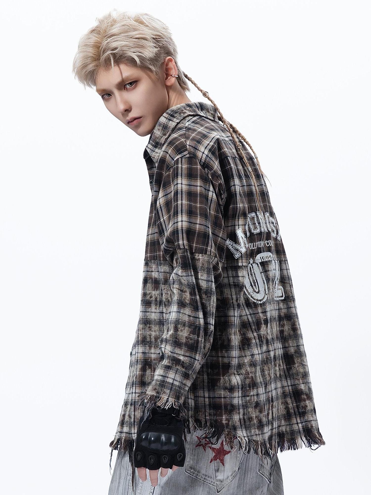 MOGONGSHE Washed Distressed Vintage Plaid Women's Oversized Long Sleeve Shirts