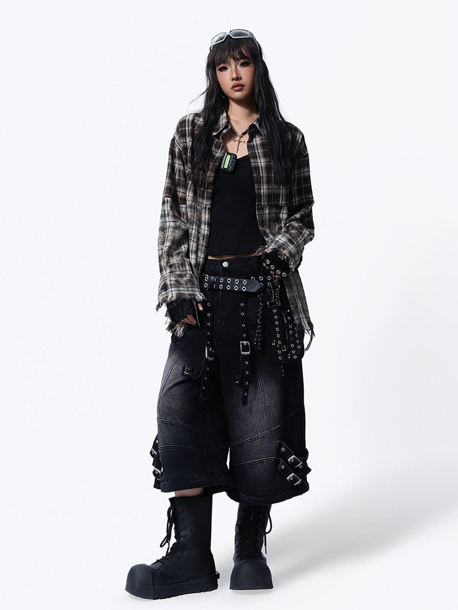 MOGONGSHE Washed Distressed Vintage Plaid Women's Oversized Long Sleeve Shirts