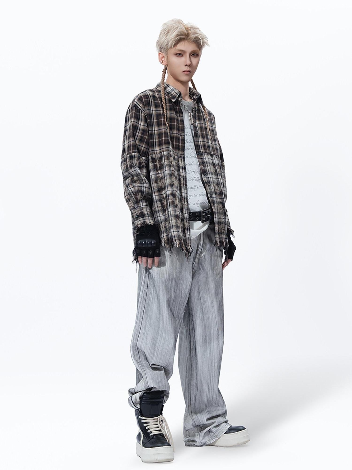 MOGONGSHE Washed Distressed Vintage Plaid Women's Oversized Long Sleeve Shirts