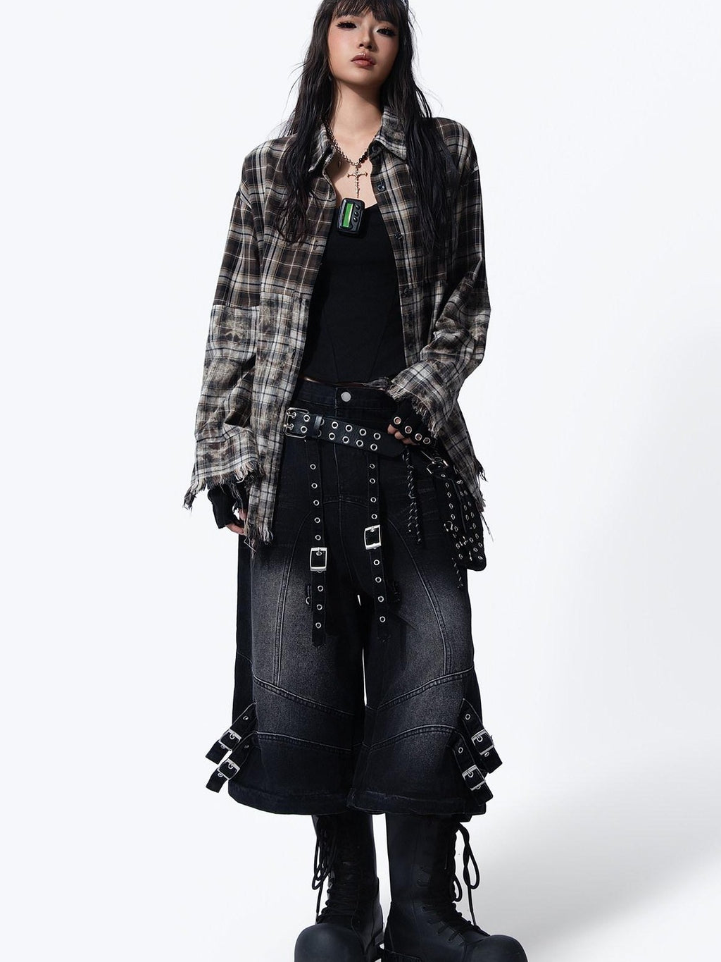 MOGONGSHE Washed Distressed Vintage Plaid Women's Oversized Long Sleeve Shirts