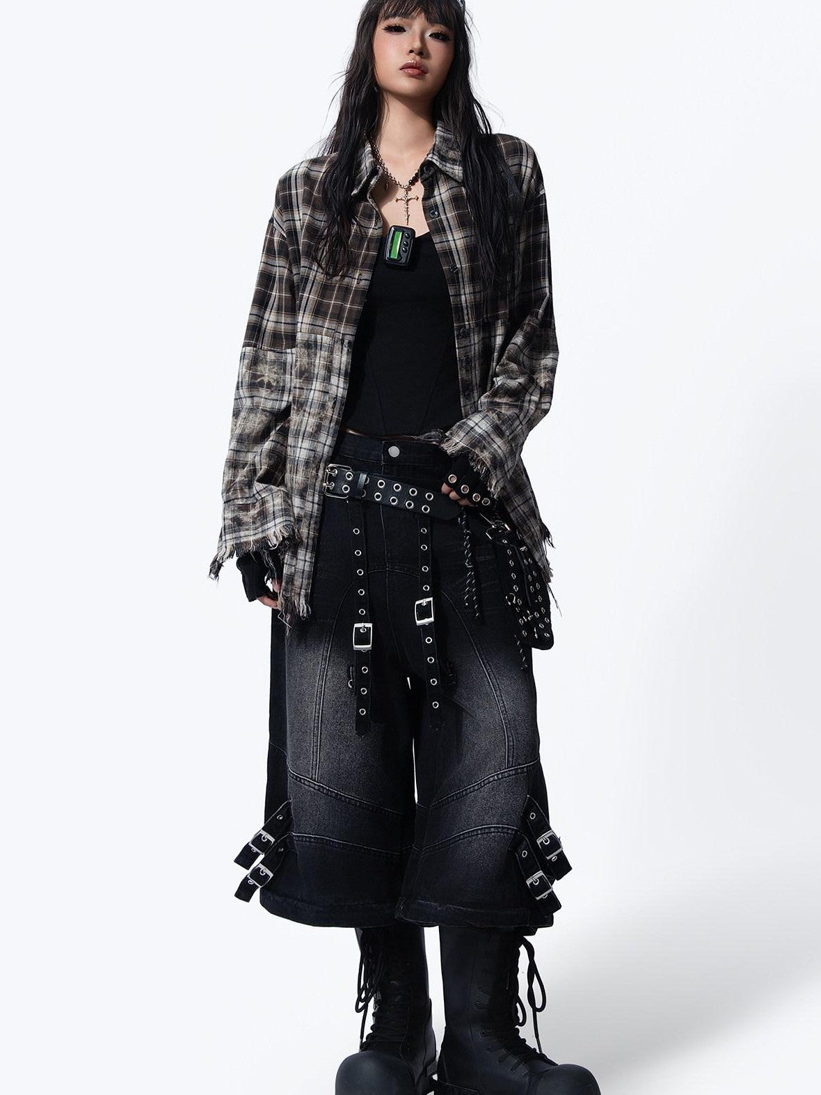 MOGONGSHE Washed Distressed Vintage Plaid Women's Oversized Long Sleeve Shirts