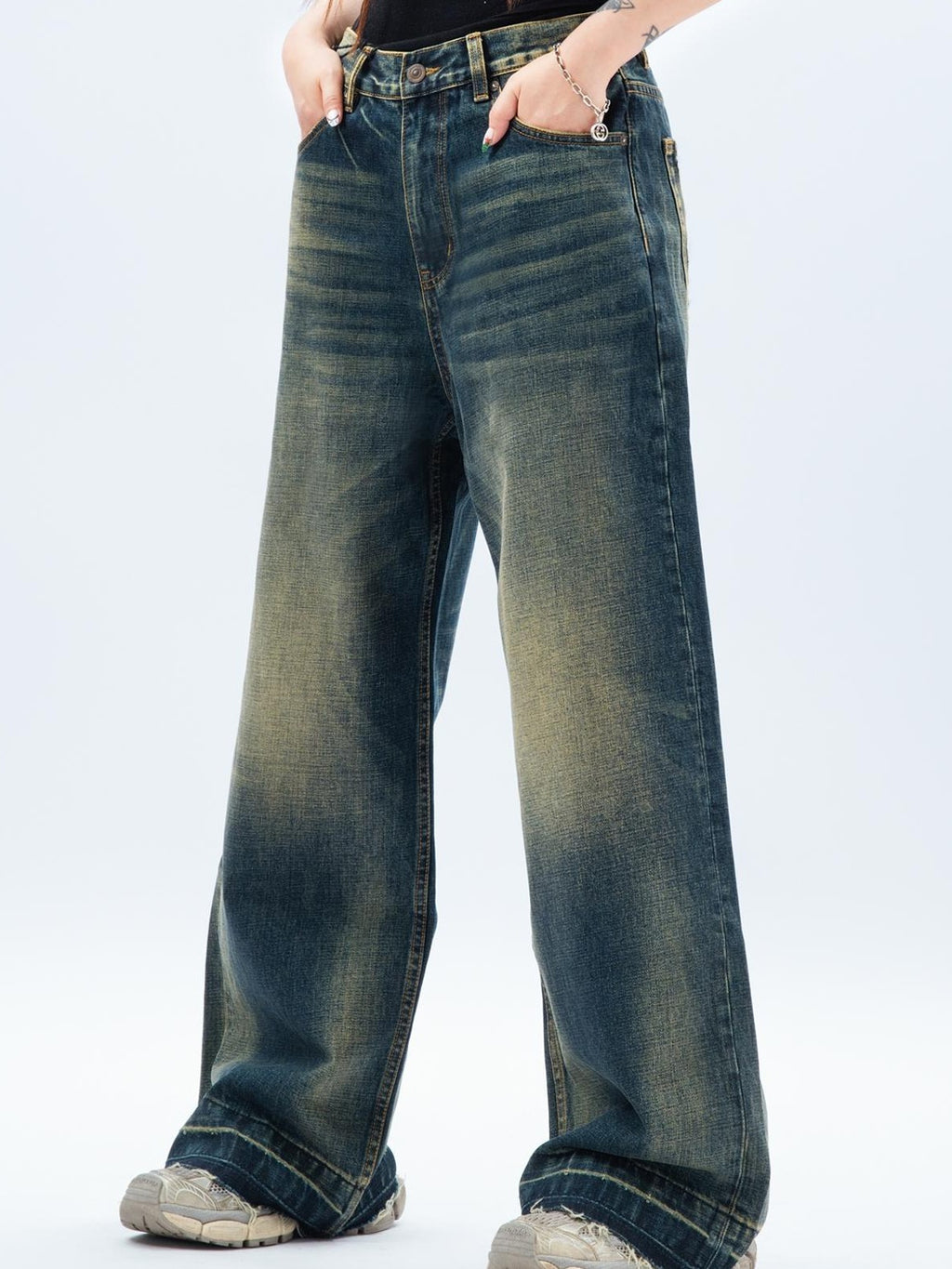 MOGONGSHE Washed Distressed Wide Leg Women's Cotton Denim Loose Jeans