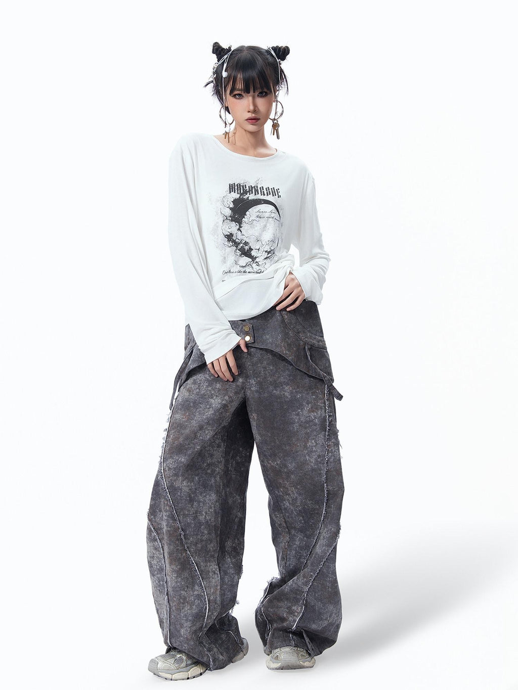 MOGONGSHE Wasteland Blade Detachable Women's Heavyweight Denim Wide-leg Jeans