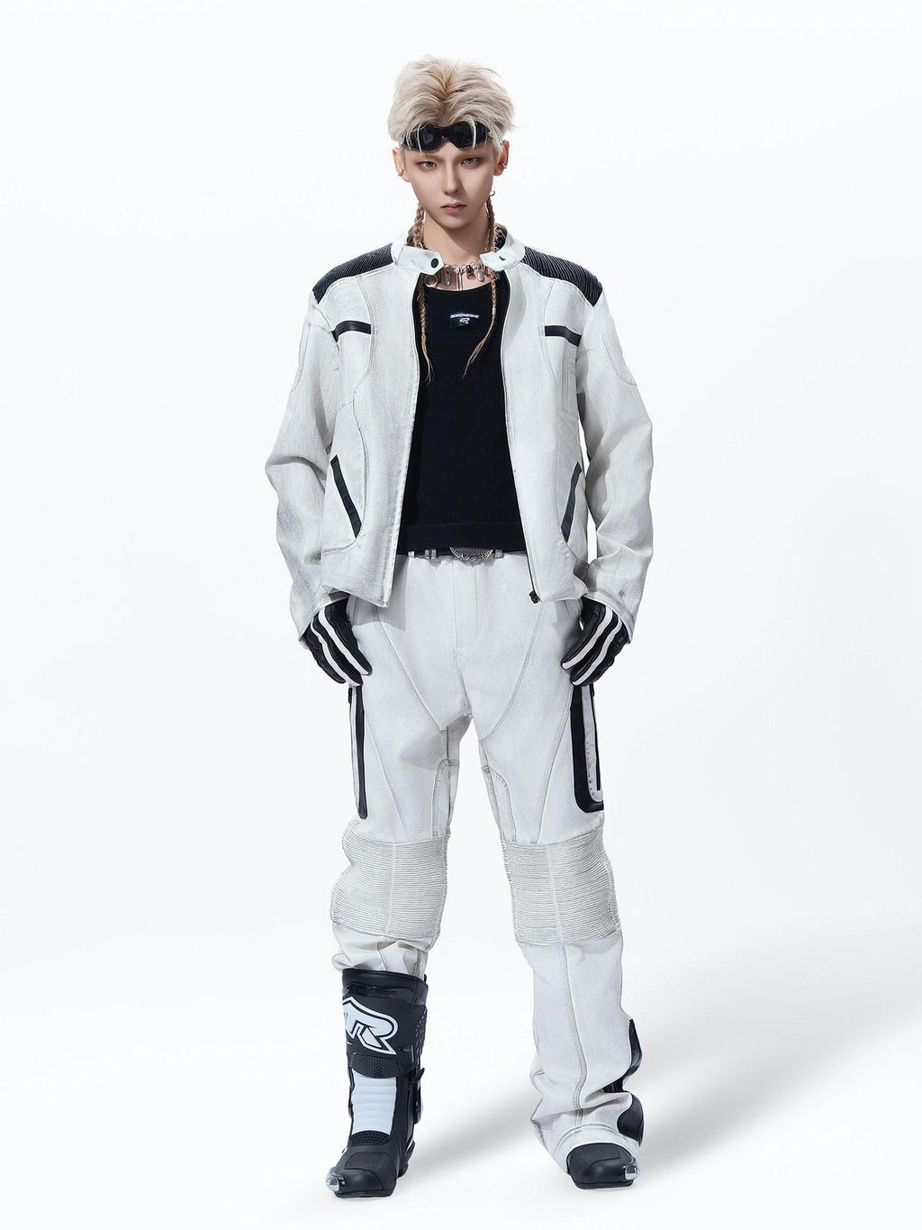 MOGONGSHE White Distressed Techwear Biker Oversized Street Women's Leather Jackets