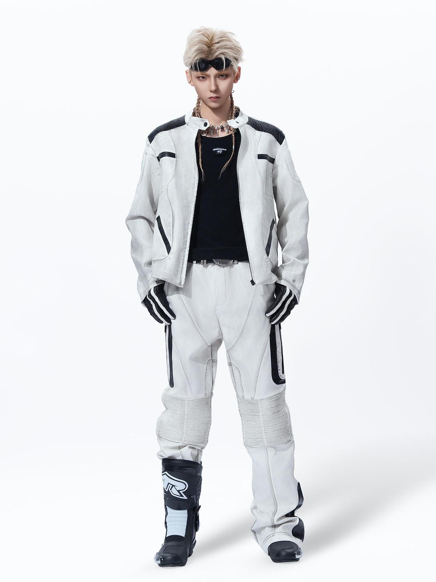MOGONGSHE White Distressed Techwear Biker Oversized Street Women's Leather Jackets