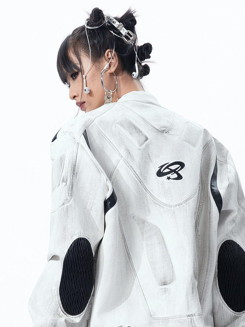 MOGONGSHE White Distressed Techwear Biker Oversized Street Women's Leather Jackets