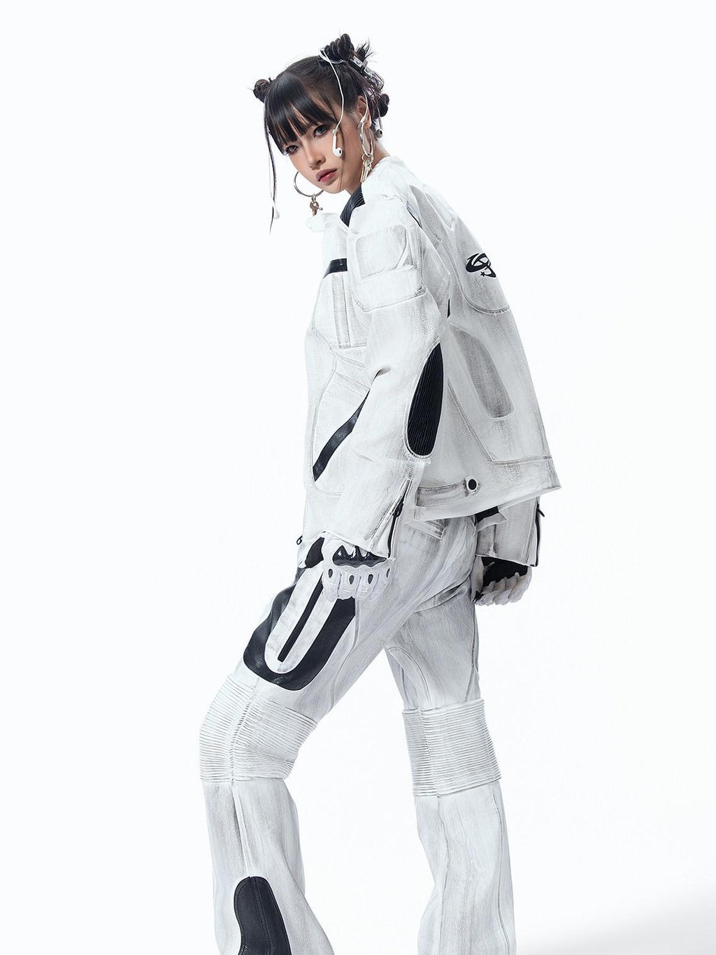 MOGONGSHE White Distressed Techwear Biker Oversized Street Women's Leather Jackets